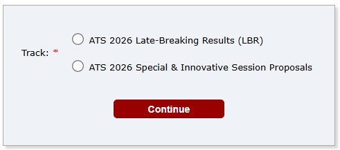 EasyChair track selection showing ATS 2026 Late-Breaking Results (LBR)